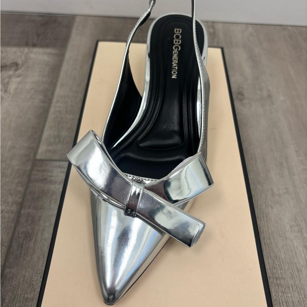 BCBGeneration Silver Pointed Toe Slingback Heels with Bow